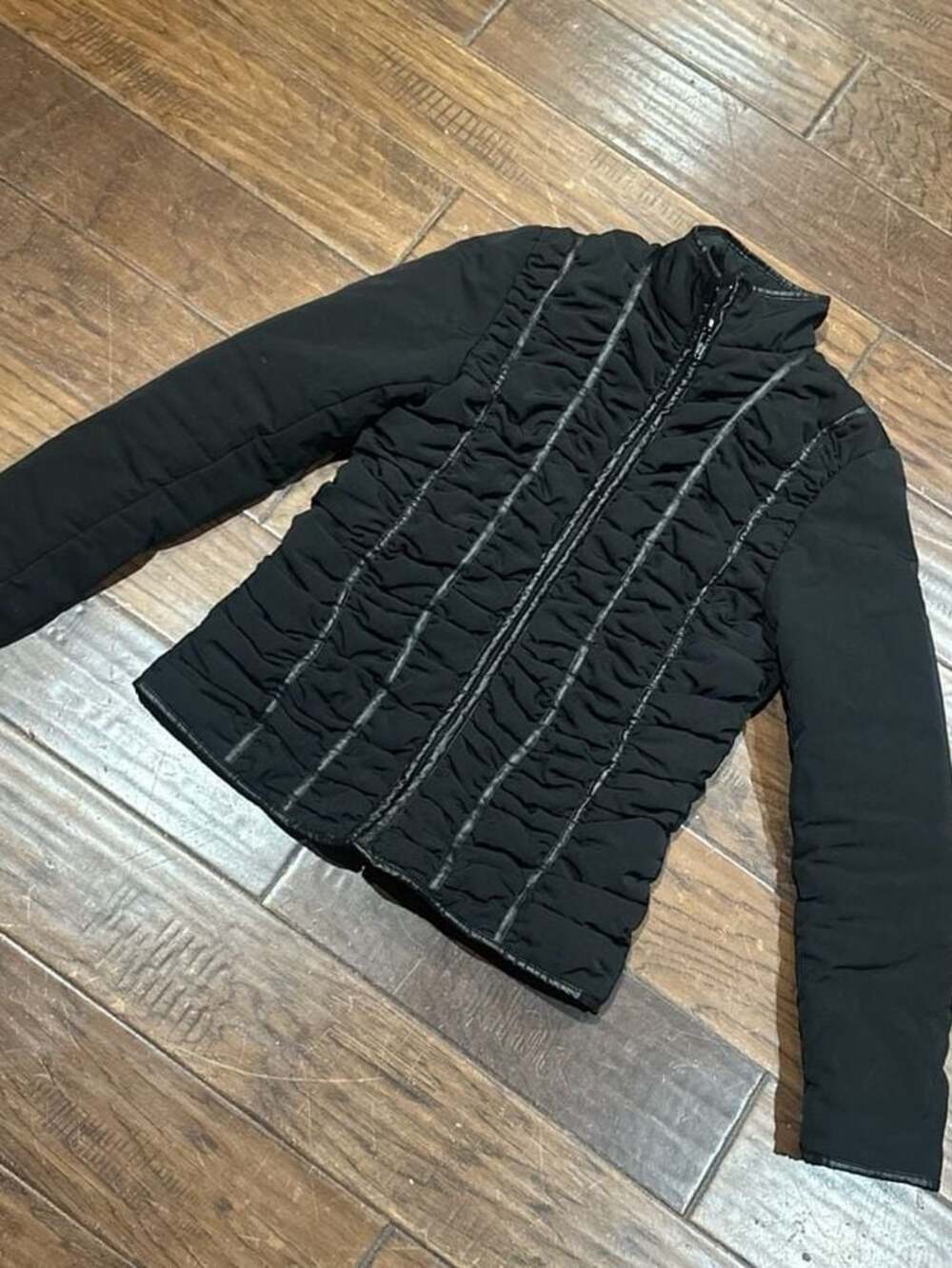 Larry Levine Women's Black Ruched‎ Zip-Up Jacket with Faux Leather Trim
